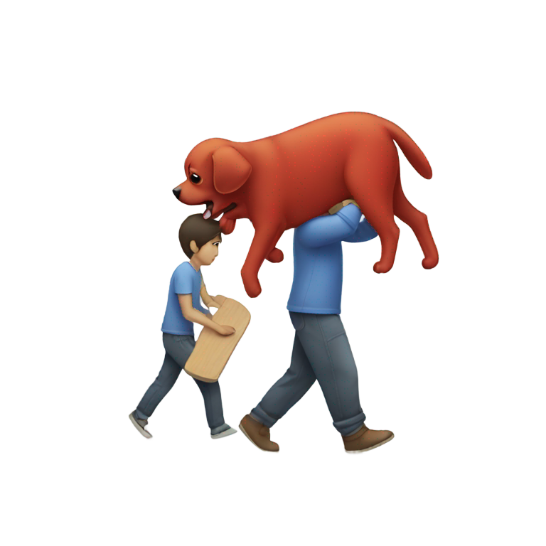 genmoji : Un homme portant une planche et un chien rouge
