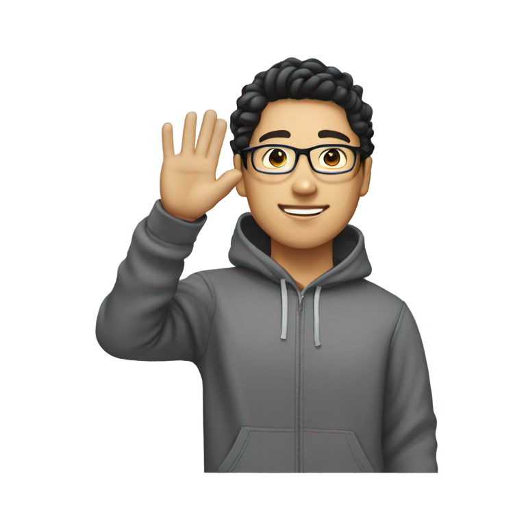 genmoji：亚洲男性，浅肤色，波浪短发，戴眼镜，穿连帽衫，挥手致意