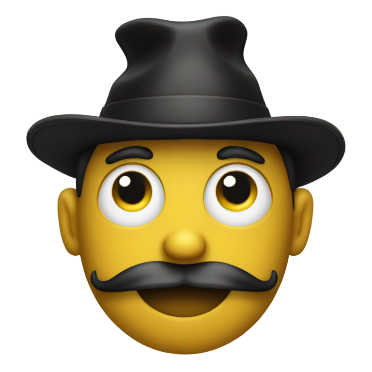 genmoji : Émoji avec peau jaune, nez long et tombant, cheveux bouclés sous un large chapeau noir