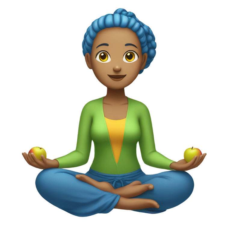genmoji : Une femme méditante en costume vert, cheveux jaunes dans un chignon et peau bronzée, assise en posture de lotus, créeant une boule d'énergie bleue avec les mains au-dessus de sa tête.