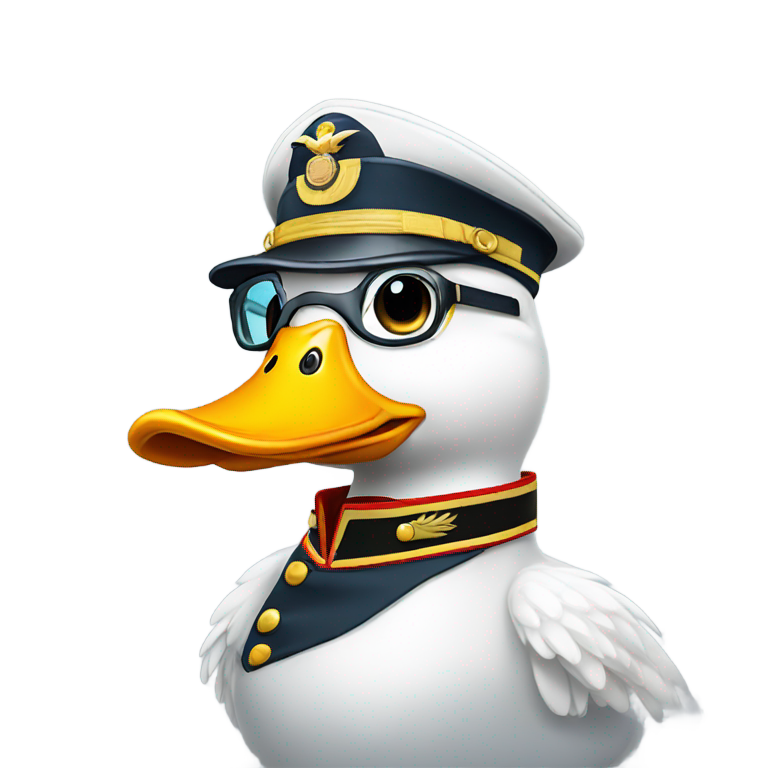 genmoji : Un canard blanc portant un uniforme militaire avec des lunettes à monture rouge faisant le salut d'une main