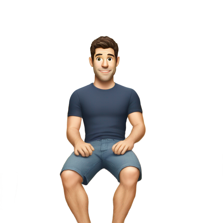 絵文字：マックス・グリーンフィールドがショートパンツをはいてソファに座っている