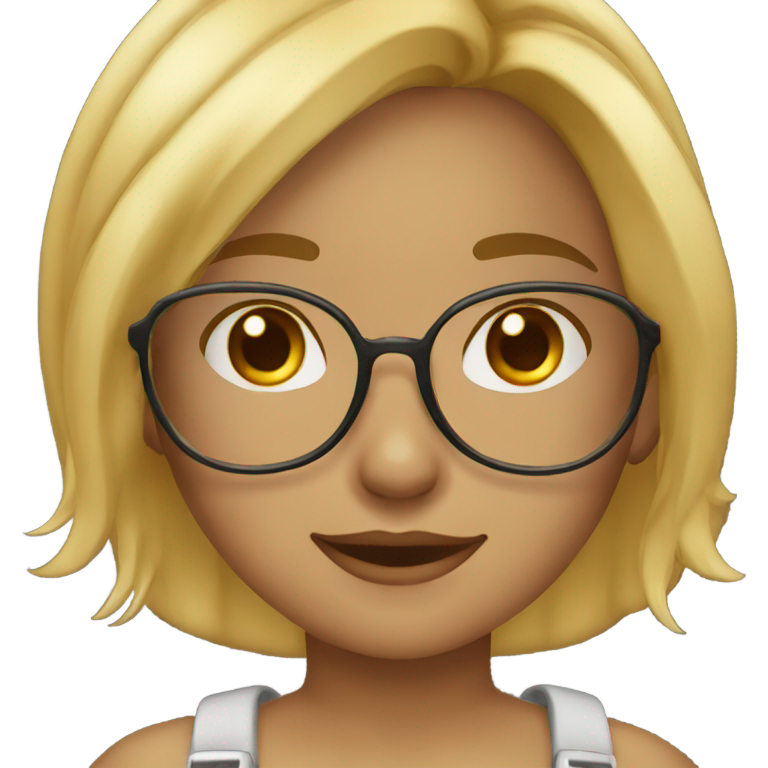 genmoji : Une fille aux cheveux blonds, yeux marron, lunettes transparentes avec des côtés dorés. Avec des fossettes, souriante.