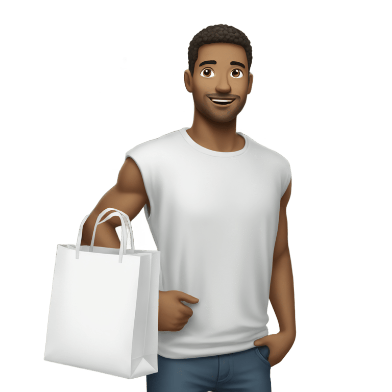 genmoji：man holding a white shopping bag in front of a tank