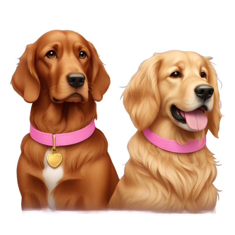genmoji : 2 chiens côte à côte : un setter irlandais cowboy et un golden retriever avec un collier rose.