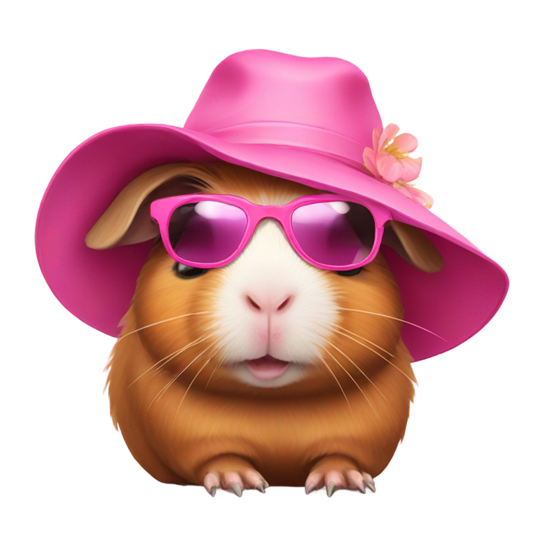 genmoji: guinea pig wearing a pink dress, sunhat, and sunglasses