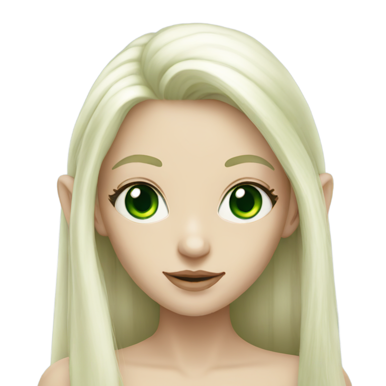 genmoji : Femme elfe pâle aux yeux verts et aux longs cheveux platine