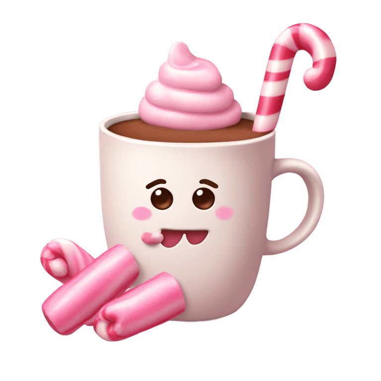 genmoji: customized plain hot cocoa cup original emoji with pink marshmellows and pink candycane