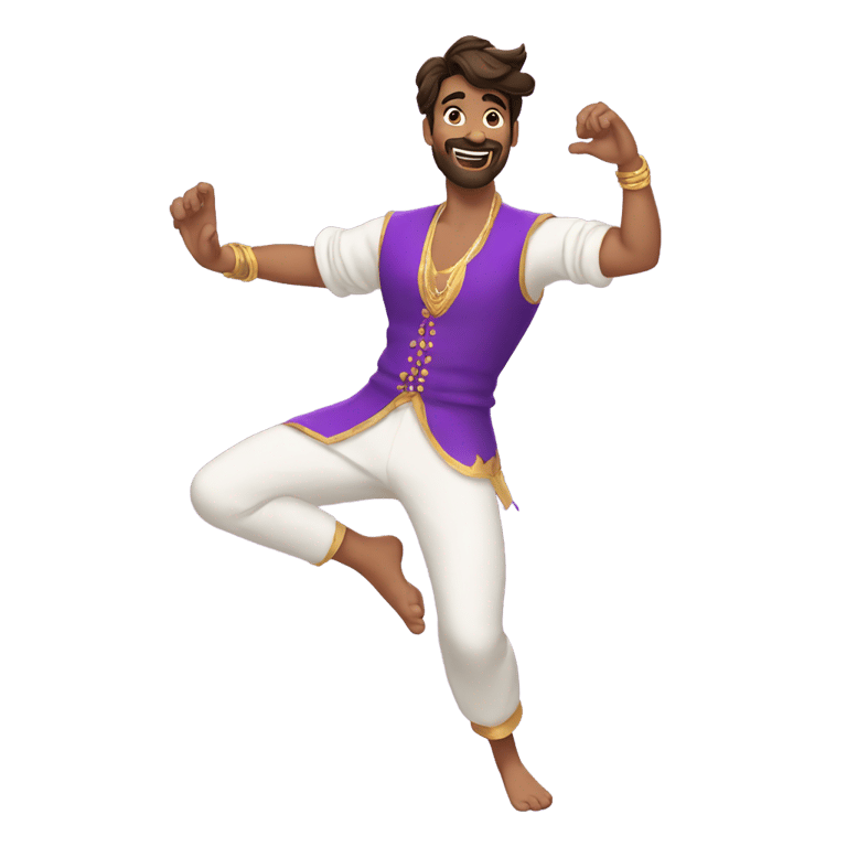 絵文字：guy in an aladdin vest over a white sweater and purple pants dancing to bhangra