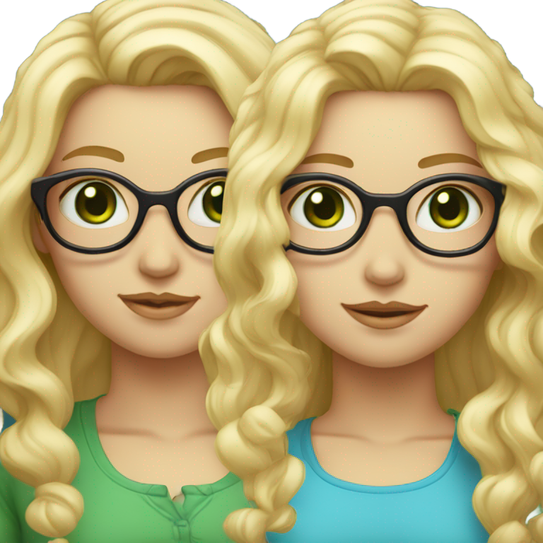 genmoji：两个金发女孩：
1. 直发金发，蓝眼睛，肤色苍白
2. 卷发金发，绿眼睛，肤色正常，戴眼镜
