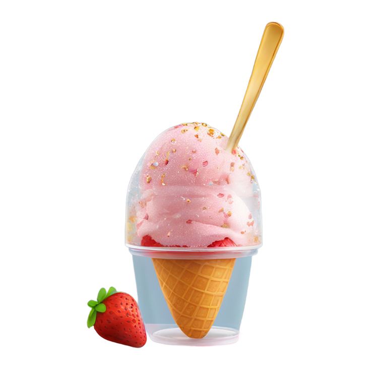 genmoji: a single strawberrry icecream scoop in glass cup with sugar sprinkles