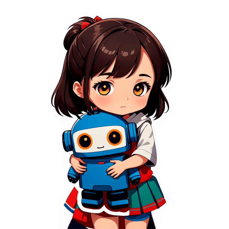 絵文字：アニメ少女が可愛い小さなロボットを抱きしめる
