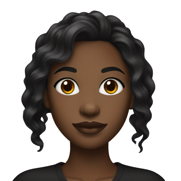 genmoji：黑皮肤女孩，黑色波浪头发，黑色衣服，眉毛各有一道缝。