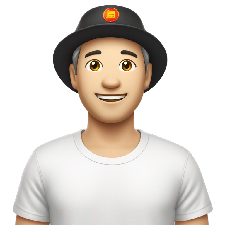 genmoji: A white man being stereotypically Chinese with Chinese hat and t shirt that says “I am so happy that I am Chinese”