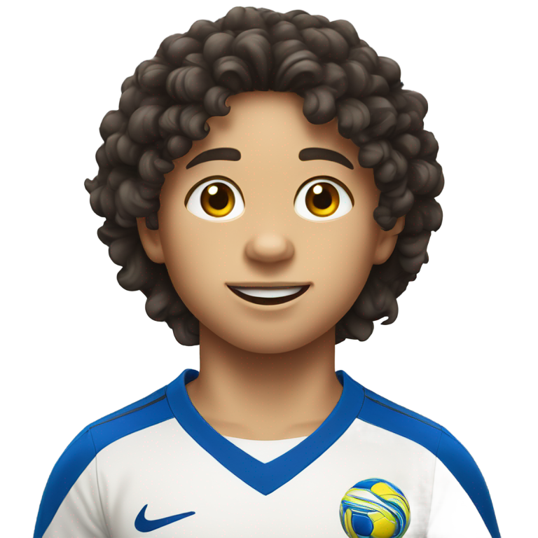 genmoji: little white boy with curly dark hair playing soccer