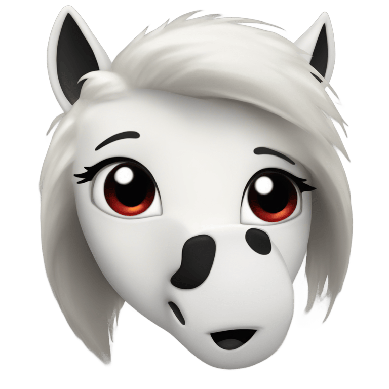 genmoji : a side profile of a white head, big black lips, a pointy nose with a black dot at the bottom of it, one round white eye with a black circle at the bottom of the eye. the person should have a pony tail that is black but becomes white by the end. it lso has a massive, red circle as