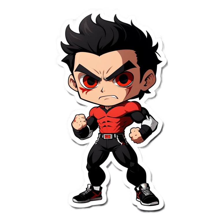 genmoji : Un mec musclé avec des yeux rouges et des cheveux noirs