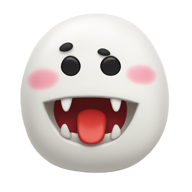 genmoji: squishmallow that is white with black eyes and a red tongue and fangs sticking out, with "boo!" written on its belly and its very cute
