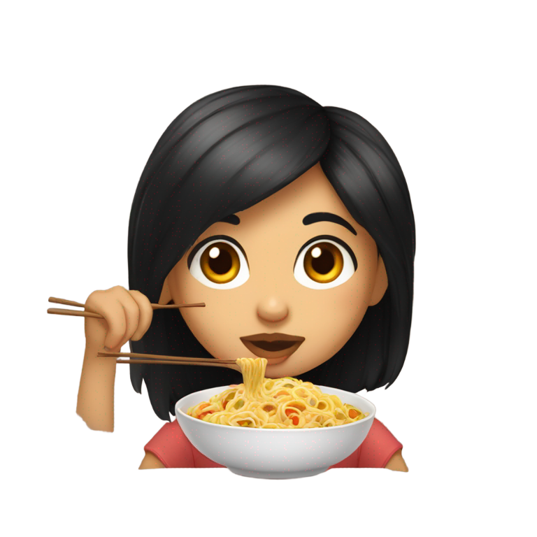 genmoji : Fille indienne aux cheveux noirs mi-longs mangeant des nouilles, avec de grosses joues.
