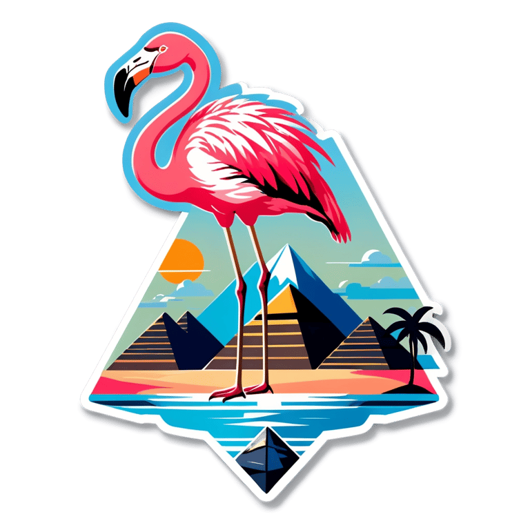 genmoji: pyramid in background with flamingo flying in the front