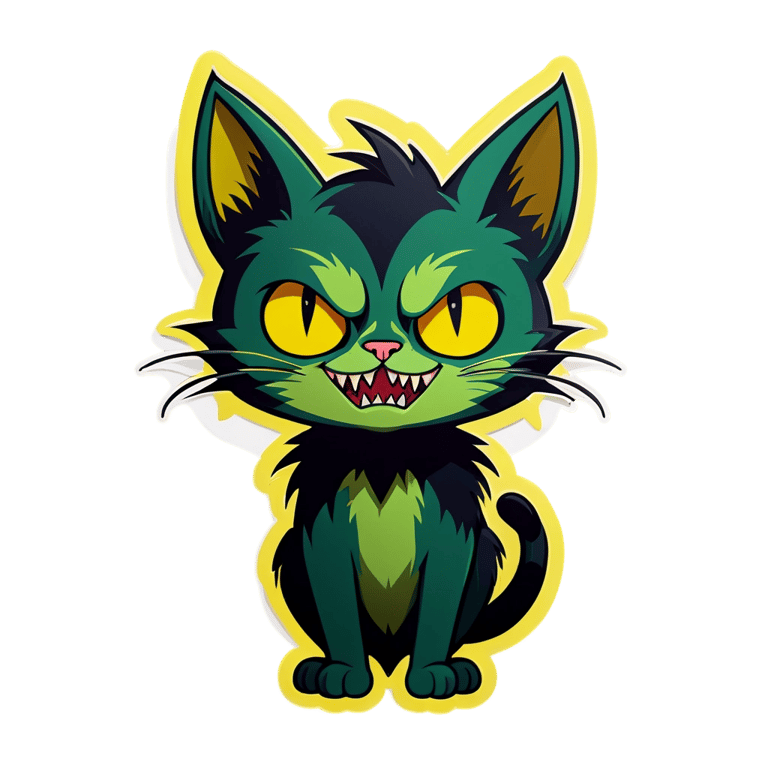 genmoji: green cat with yellow eyes and vampire teeth
