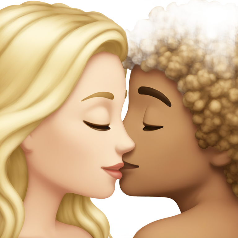 genmoji : Un métis torse nu embrassant une fille blanche aux cheveux blond platine rosé.