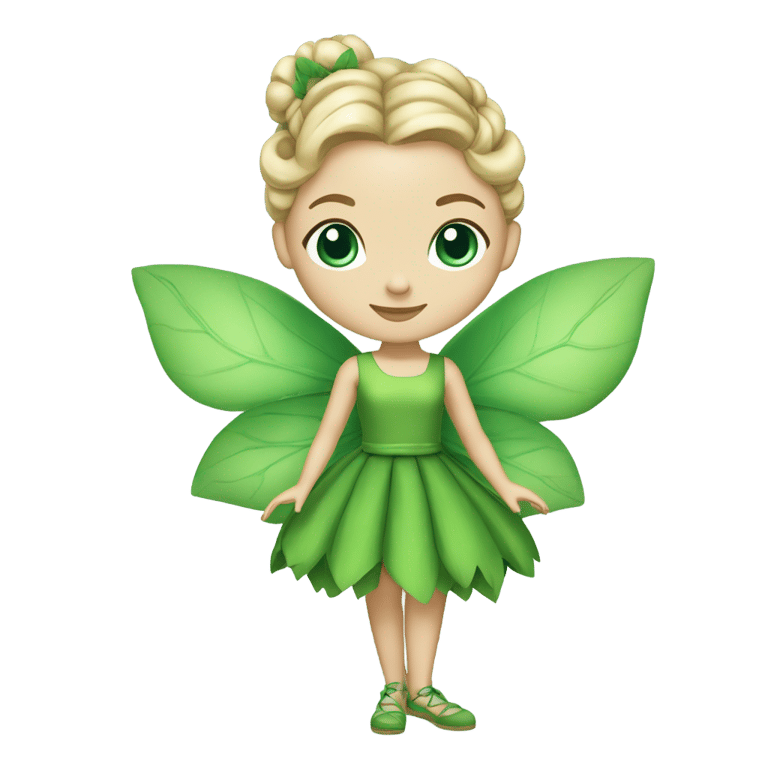 絵文字：A fairy with a light skin tone, blue eyes and blonde hair tied up in an elegant bun. She wears a green dress made of leaves and a cotton ball in each of her green shoes