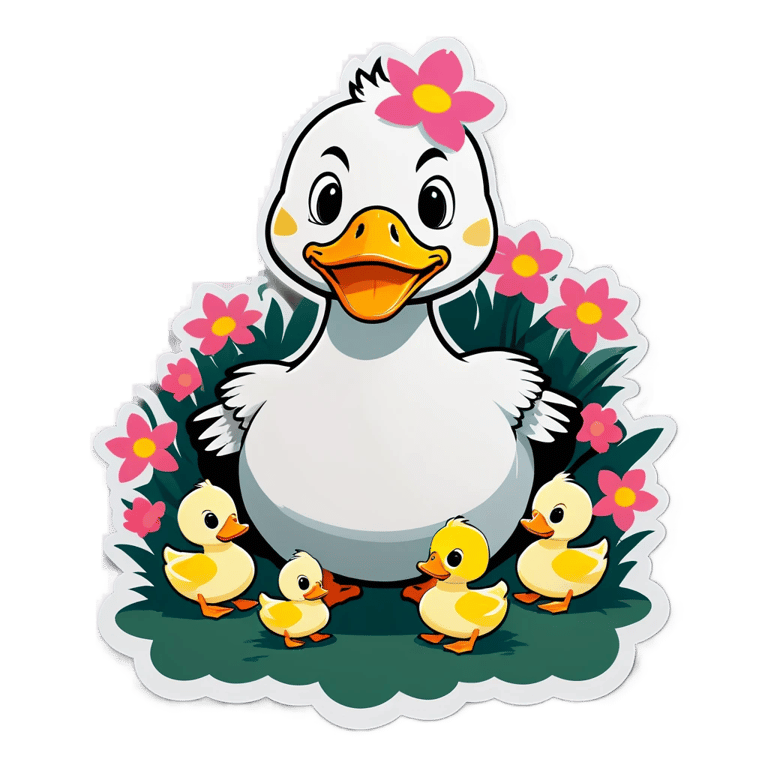 genmoji: a duck with an army of baby ducks with flowers and mad expressions