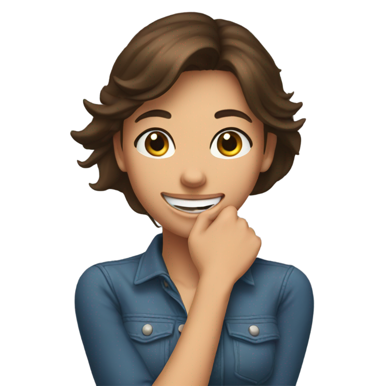 genmoji：棕发女孩大笑时双手交叉抱住脖子