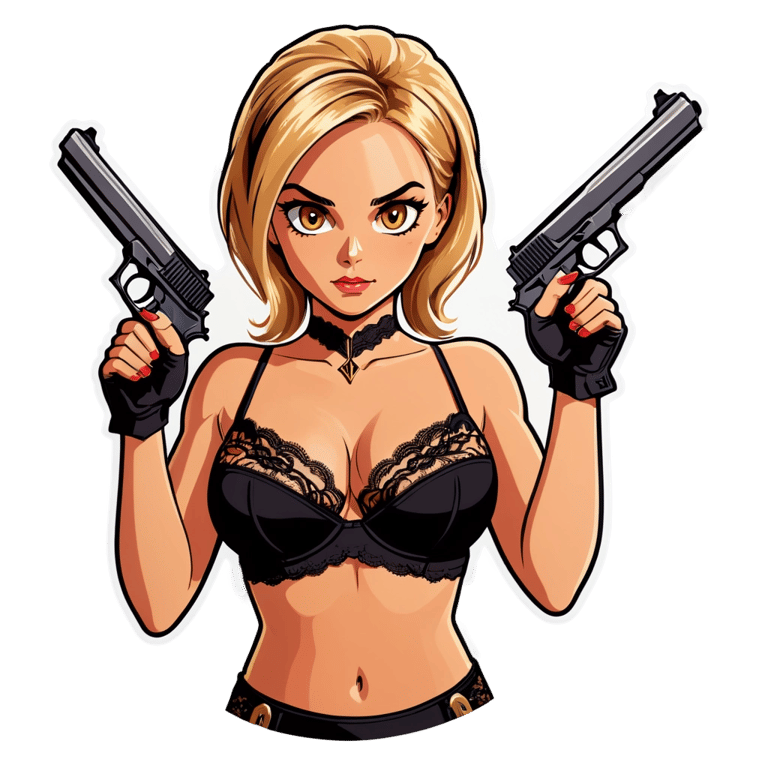 genmoji: Blonde haired hazel eyes woman in lingerie holding two pistols