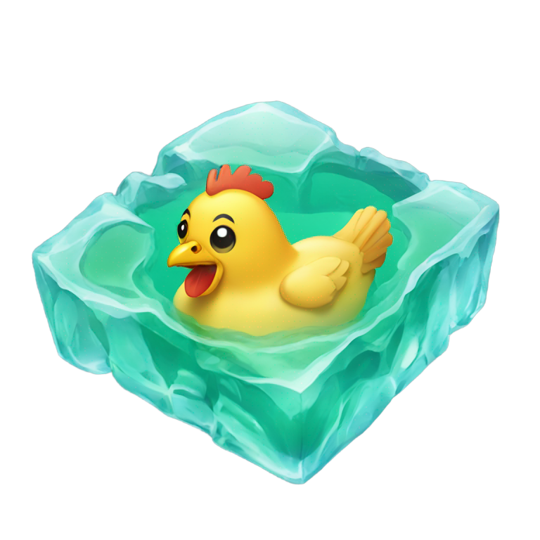 genmoji : Un poulet dans un cube de glace vert clair rempli d'algues et de poissons