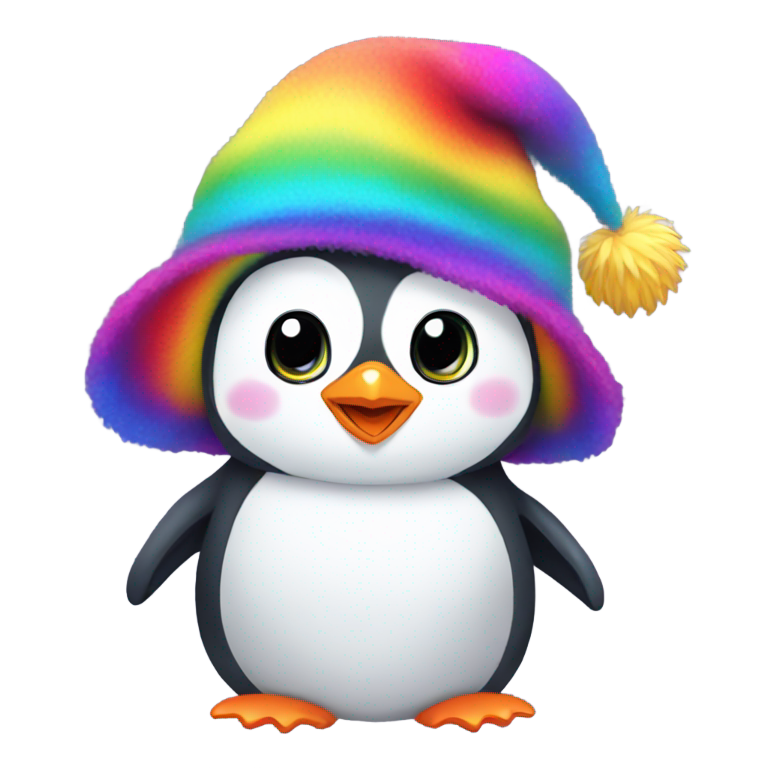 genmoji : Un bébé pingouin arc-en-ciel avec un chapeau duveteux