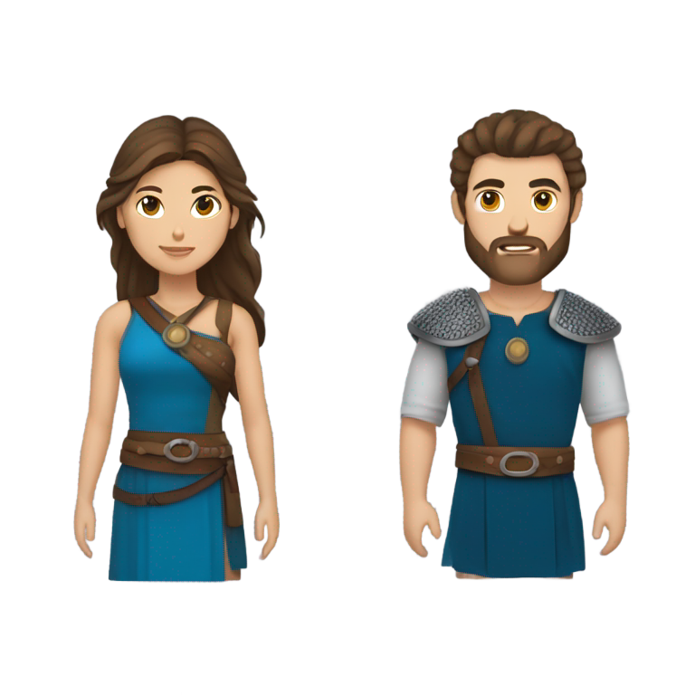 genmoji : Couple de vikings : femme aux cheveux bruns courts et yeux bleus, homme aux cheveux châtains courts et yeux bleus. Casques à cornes pour les deux.