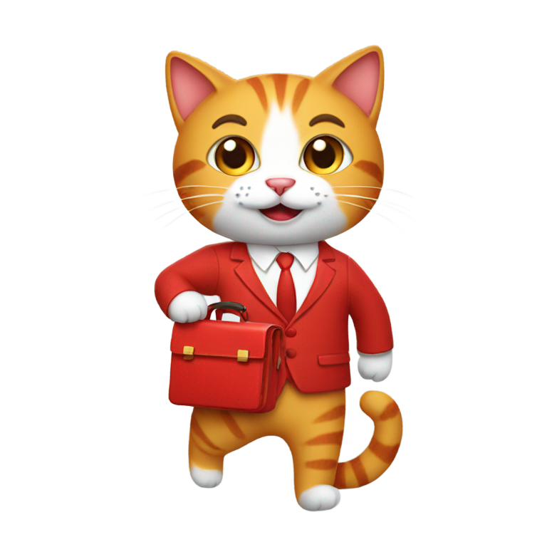 genmoji : Un chat avec un costume rouge et une petite mallette rouge, agitant joyeusement la main, sans tenir une tomate rouge.
