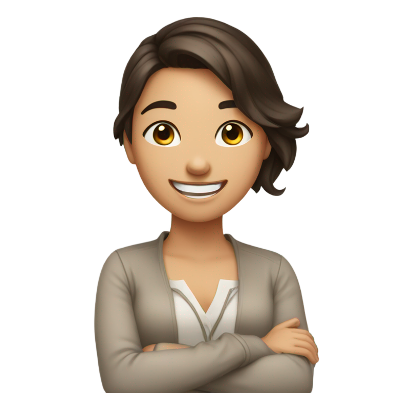 genmoji: brunette girl arms crossed on neck laughing
