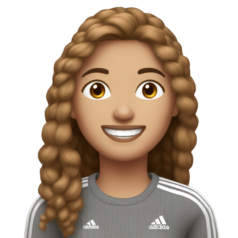genmoji : Femme aux cheveux longs bruns et rieurs. Haut : pull en laine grise tricotée et propre. Jambes : pantalon de jogging Adidas noir et blanc (3 bandes).