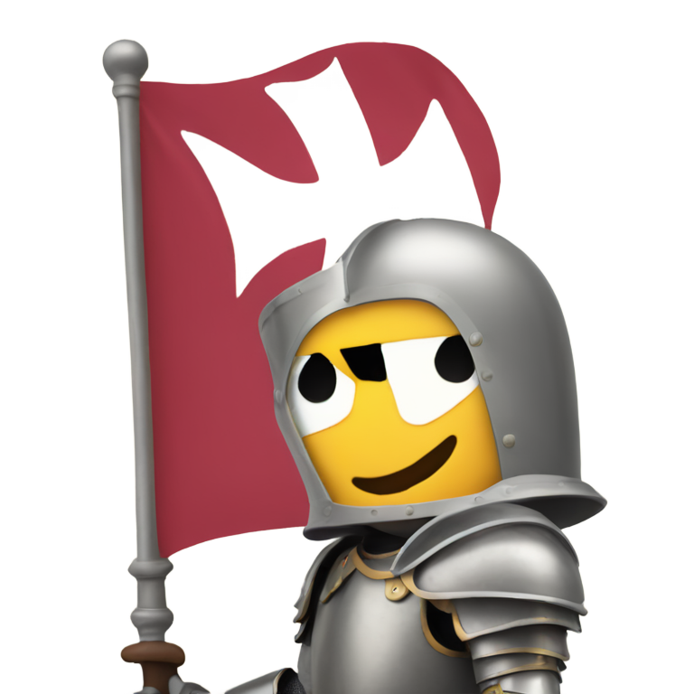 genmoji : Un chevalier en armure étincelante tient fièrement un drapeau portant le mot "Bon".