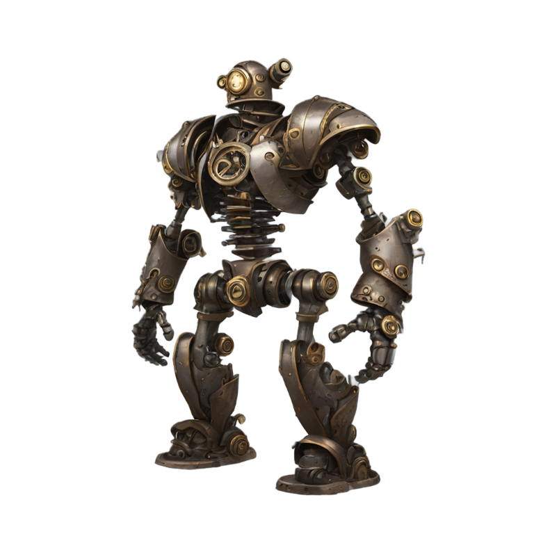 genmoji : Un imposant golem de fer forgé avec des plaques de métal superposées et des articulations à vapeur. Des détails d'horlogerie complexes, des rivets épais et des évents de vapeur tourbillonnants soulignent sa forme colossale.