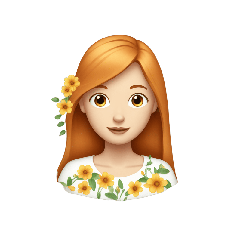 genmoji : Une fille rousse et blanche aux cheveux parfaits et raides avec des fleurs.