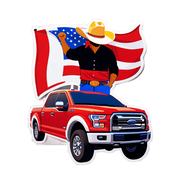 genmoji：白人拉丁裔男子戴着牛仔帽，倚靠在2016款红色Ford F150上，旁边有骄傲旗帜。