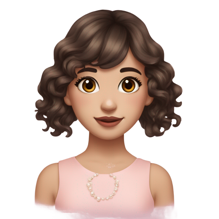 genmoji : Fille à la peau claire rosée, cheveux brun foncé ondulés et bouclés avec balayage et une petite frange faite de deux mèches, deux trous d'oreilles avec boucles d'oreilles en perles, cils longs avec mascara.
