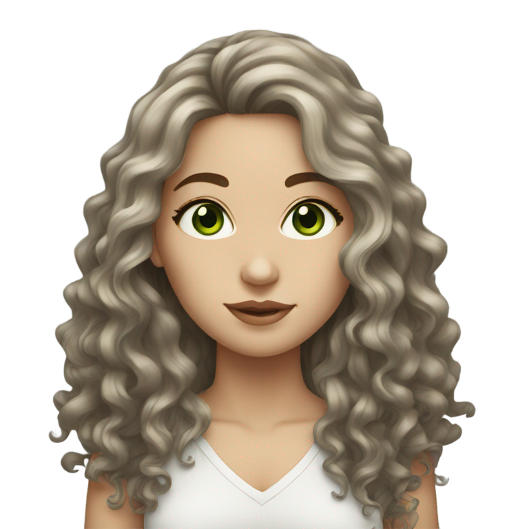 絵文字：緑の瞳と長いカーリーヘアの白人女性、髪は暗褐色