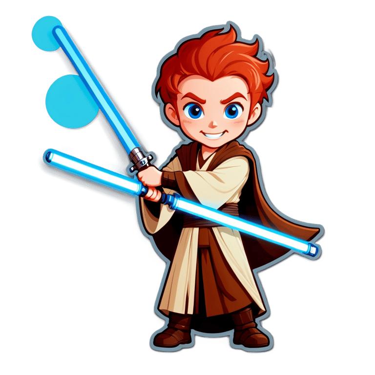 genmoji: Smiling Jedi with Red hair, blue eyes, with blue light saber