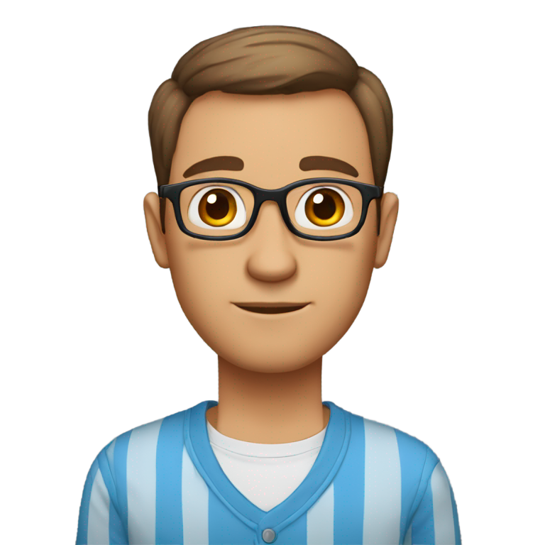 genmoji : Créez un homme avec des cheveux courts bruns, une peau orangée, des lunettes, de grandes oreilles saillantes, de petits yeux, une chemise bleue à rayures. Il est enseignant.