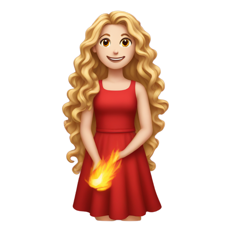 genmoji：白衣红裙女孩，长卷发，手持火焰