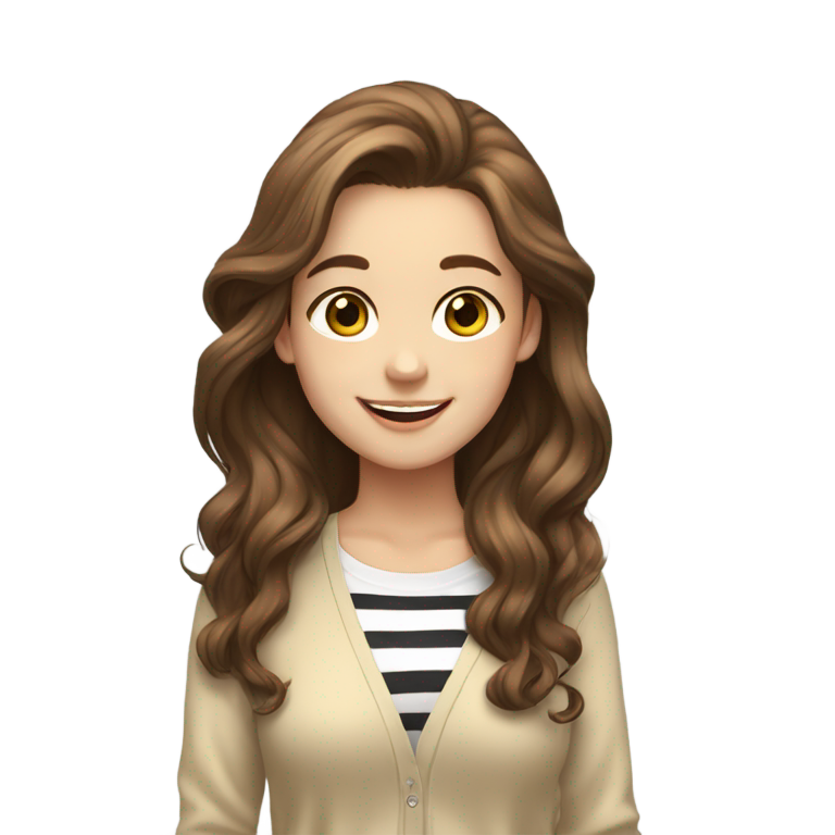 genmoji : Cheveux longs bruns heureux, cardigan beige cher, t-shirt à rayures blanc/noir, petits écouteurs blancs, iPhone jaune