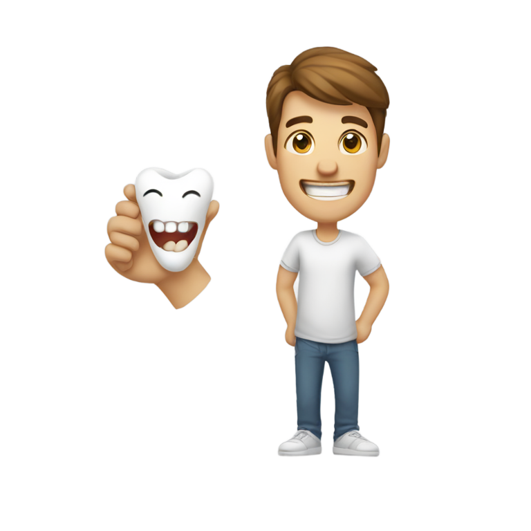genmoji : Un homme tenant une dent dans sa main droite. Il sourit avec une dent manquante.