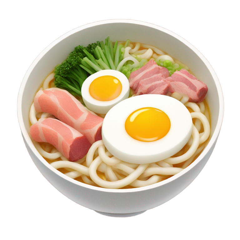 genmoji：碗中的乌冬面配漩涡卷、肉、蔬菜和鸡蛋
