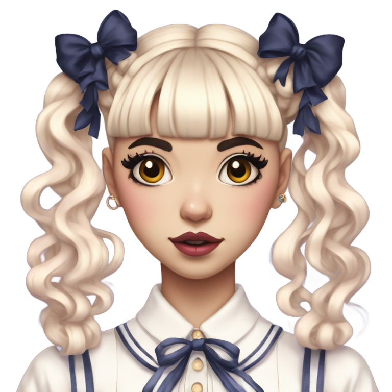 genmoji: Melanie martinez in her last tour look, the trilogy tour, she is wearing a white detailed outfit with ribbons all around, her hair is split dyed, half blonde, half black, her hair is wavy and long, with two buns tied to the top of the hair with ribbons
