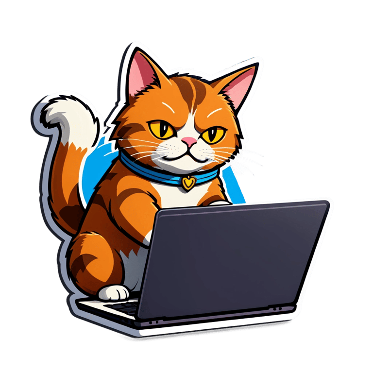 genmoji: a normal cat completely focus working on laptop , completely strugging but still working